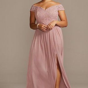 Off-the-Shoulder Lace and Mesh Bridesmaid Dress